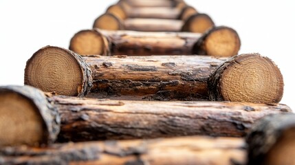 Poster - Wooden logs arranged in a linear perspective against a white background, showing detail and texture of the wood.