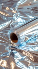 Poster - close up view of a roll of shiny metallic aluminum foil on a crumpled background, reflecting light.