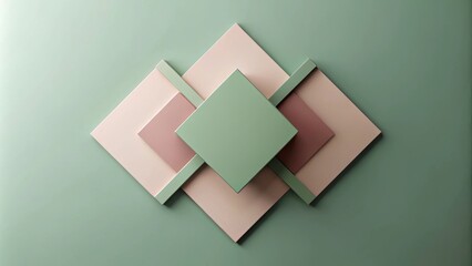Fototapete - Abstract geometric composition featuring a central green square surrounded by layered pink and peach diamonds, set against a cool green backdrop