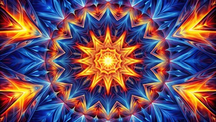 Poster - Abstract Kaleidoscope Pattern in Vibrant Hues of Blue, Orange, and Yellow, Featuring a Central Starburst with Sharp, Geometric Shapes