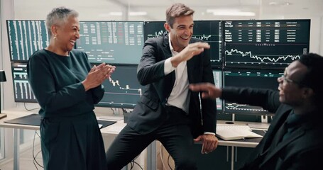 Poster - Stock market team, business people and high five for celebration, success or applause. Excited group, cheers or hands together in office for profit growth, investment performance or financial trading