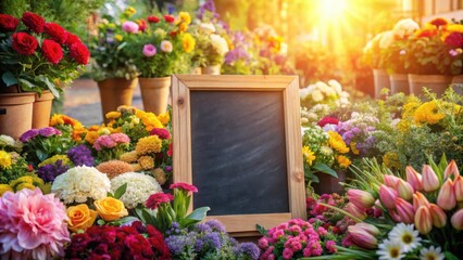 Poster - A rustic wooden framed chalkboard sits amongst a vibrant array of colorful flowers, bathed in the warm glow of the setting sun.