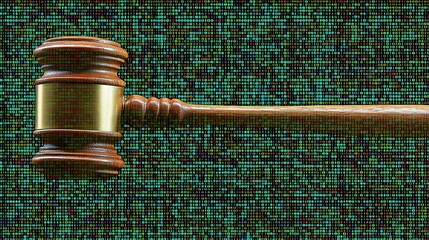 Wooden gavel on digital code background.