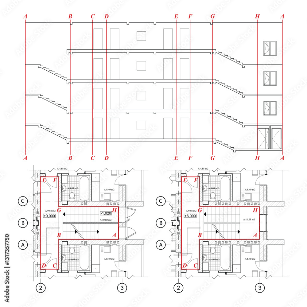 Architectural blueprints and cross section of a building Stock Vector ...