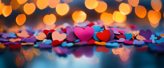 Poster - Colorful hearts scattered on reflective surface, illuminated by warm bokeh lights, showcasing Valentine's Day theme, ideal for romantic background or festive design