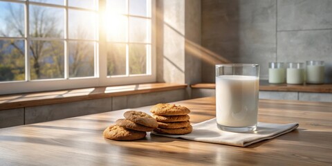 Aufkleber - Warm sunshine illuminates a kitchen table, casting long shadows on the wooden surface, where a stack of freshly baked cookies rests beside a tall glass of creamy milk.