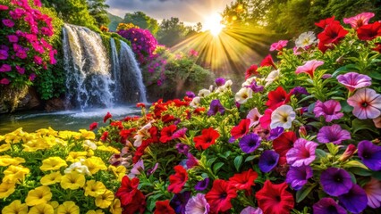 Aufkleber - A cascading waterfall with colorful blossoms in the foreground, bathed in the warm glow of a setting sun.