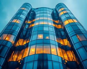 Poster - Dynamic Glowing Glass Towers Cutting into Blue Sky   Modern Architectural Concept