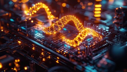 Fototapete - Complex circuit board with glowing DNA