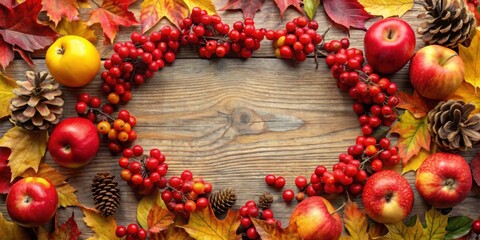 Poster - Autumnal Harvest Border of Red Apples, Berries, and Pine Cones on Rustic Wood Background