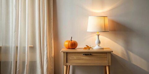 Aufkleber - A glowing lamp casts a warm light on a wooden side table adorned with a small pumpkin and a single autumn leaf, contrasting against a sheer white curtain and a neutral wall.