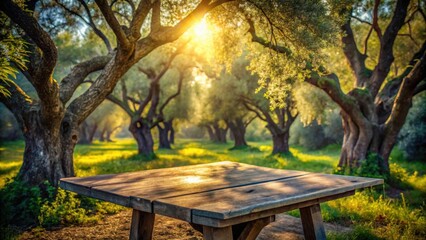 Aufkleber - A wooden table sits in the center of a grove of trees bathed in golden sunlight, promising a peaceful moment of tranquility