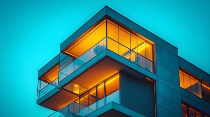Poster - Glowing Residential Tower with Reflective Glass Balconies Framing a Clear Morning Sky