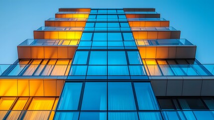 Poster - Glowing Residential Tower with Reflective Glass Balconies Mirroring the Clear Blue Sky