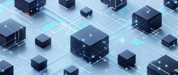Poster - Abstract network of interconnected black cubes and glowing blue lines on a light gray background.