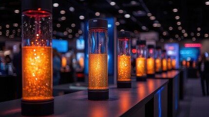 Poster - Vibrant illuminated displays in a modern exhibition hall showcasing innovative technology