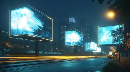 Poster - Advertising campaigns visualized glowing digital billboards a futuristic city street at night