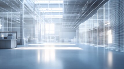 Poster - Architectural plans visualized luminous grids radiant highlights in a clean industrial workspace
