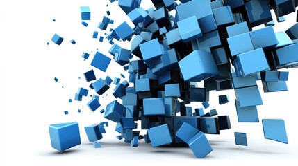 Fototapete - Abstract blue cubes exploding, 3D render.