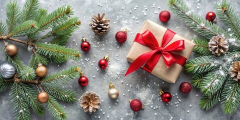 Aufkleber - Festive Gift Box Decorated with Red Ribbon Surrounded by Pine Branches and Christmas Ornaments on a Grey Background