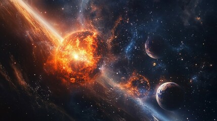 Wall Mural - Cosmic Catastrophe: A Fiery Planetary Collision in the Vastness of Space