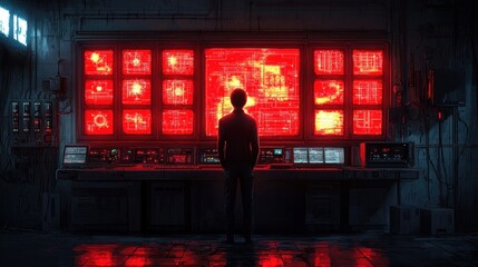 Poster - Cyberpunk Surveillance Room: A lone figure observes a wall of glowing red screens displaying complex digital data in a dimly lit, retro-futuristic control room.