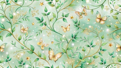 Poster - A magical seamless pattern featuring delicate green foliage, sparkling gold stars, and graceful butterflies with golden wings, creating a whimsical and enchanting design.