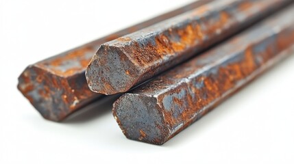 Poster - Close up view of three rusty, hexagonal metal rods on a white background. The rods show significant surface rust and texture.