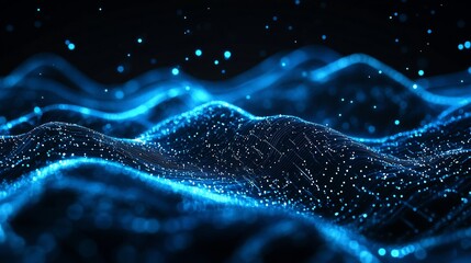 Poster - Abstract Digital Landscape: Glowing Blue Particle Waves