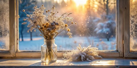 Poster - A wintery bouquet of dried flowers in a glass vase on a windowsill with a snowy view and sunbeams streaming through the glass