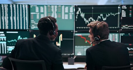 Aufkleber - Men, graphs and computer screen for trading, discussion and headset with stats, analysis or review. People, partner and monitor for charts, stock market and revenue with fintech at investment agency