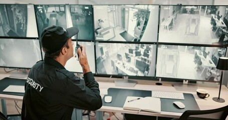 Poster - Man, security guard or radio with screen for surveillance alert, robbery or threat signal in building. Male person, CCTV operator or mall cop with speaker for warning of thief or criminal activity