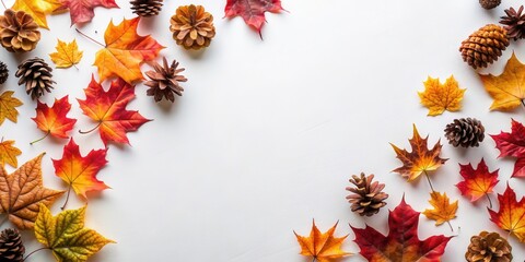Poster - Autumn Leaves and Pine Cones Frame a Blank White Space