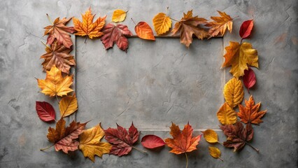 Poster - Autumnal Foliage Frame A Collection of Vibrant Red, Orange, and Yellow Leaves Arranged in a Rectangular Shape, Creating a Natural Frame on a Grey Background