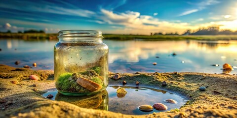 Poster - A glass jar filled with moss and sand sits on a sandy bank near a body of water reflecting the bright sky at sunset.