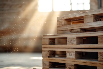 Poster - Dust particles float in the air of a vintage industrial storage room, illuminated by warm light. Neatly stacked wooden pallets create a functional yet atmospheric environment