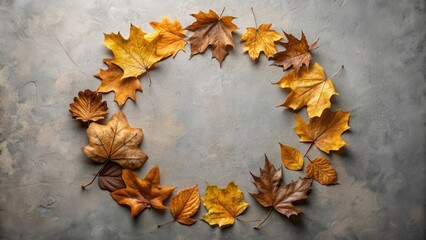 Poster - A circular arrangement of autumn leaves, showcasing nature's vibrant colors and intricate details, a captivating display of the season's beauty.