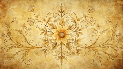 Fototapete - An ornate vintage floral design on aged paper with intricate swirls and delicate leaves, creating a timeless and elegant motif.