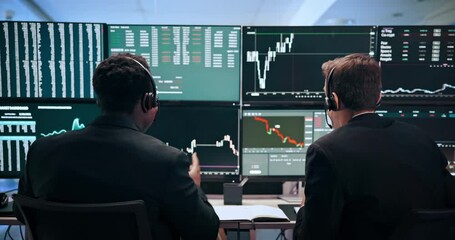 Aufkleber - Men, charts and computer screen for trading, handshake and headset with stats, analysis or review. People, partner and monitor for graphs, stock market and profit with success at investment agency