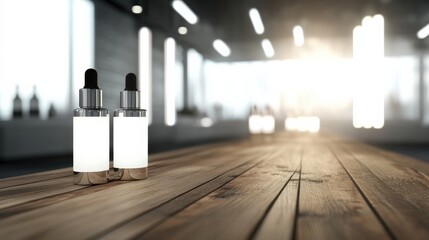 Poster - Two elegant dropper bottles on a wooden table in a modern, softly lit interior space