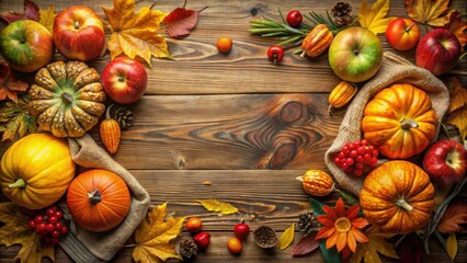 Poster - Autumnal Harvest A Rustic Display of Pumpkins, Apples, and Fall Foliage on a Wooden Background