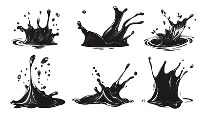 Wall Mural - Black vector water or paint splashes and drops set, isolated on a white background