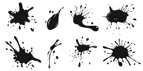 Wall Mural - Black vector water or paint splashes and drops set, isolated on a white background