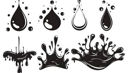 Wall Mural - Black vector water or paint splashes and drops set, isolated on a white background