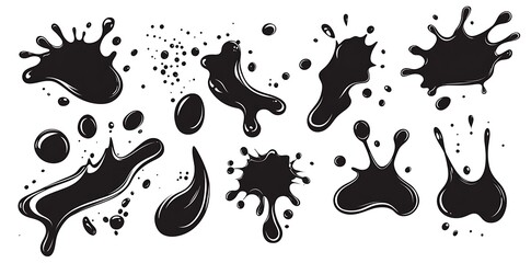 Wall Mural - Black vector water or paint splashes and drops set, isolated on a white background