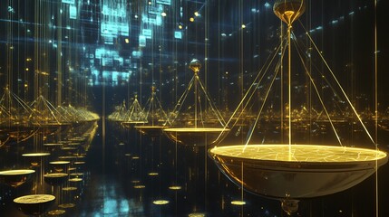 Poster - Artistic visualization of public relations featuring symbolic scales dynamic pathways brand reputation management