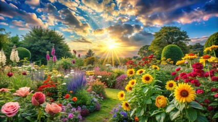 Poster - A breathtaking sunset casts a warm glow over a vibrant and diverse garden, painting the sky with hues of orange and pink, as blooming flowers of all colors dance in the gentle breeze.