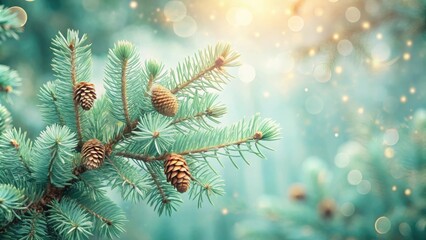 Aufkleber - A close-up of a pine branch with pinecones in focus against a soft, bokeh-filled background, showcasing nature's beauty and tranquility.