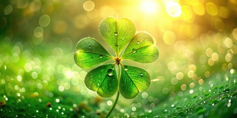 Aufkleber - A single four-leaf clover, glistening with dew drops, stands tall against a backdrop of soft green and golden bokeh, a testament to the beauty of nature's subtle details.