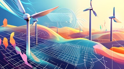 Fototapete - Artistic visualization of renewable energy adoption featuring stylized wind turbine solar grids abstract waveforms